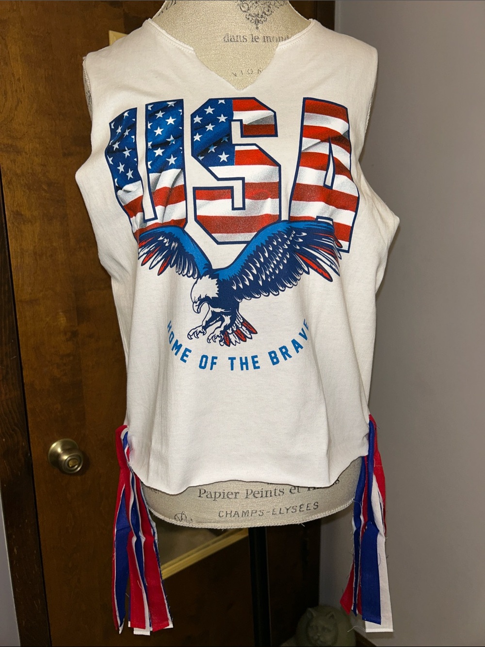 Upcycled Distressed Pom Pom USA Eagle Muscle Tee